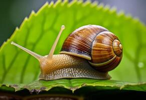 Snail crawling on green leaf. A closeup photo of an snail