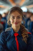 Beautiful air hostess is smiling while standing in the airplane photo
