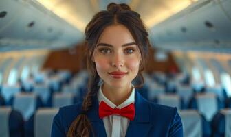 Beautiful air hostess in uniform is looking at camera while standing in the airplane photo