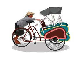 rickshaw becak tegal. a man pushing bicycle rickshaw isolated on white background. vector