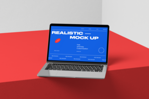 Laptop and keyboard mockup with realistic 3d scene on the plaster background design psd