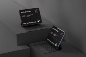 Dual tablet mockup and keyboard with minimal background psd