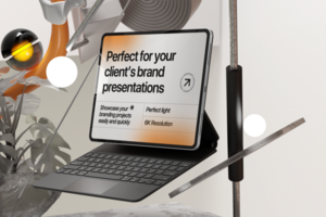Creative 3d Tablet Mockup and Keyboard set on Abstract Background psd