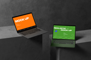 Multiple laptop and keyboard mockup with wall background psd