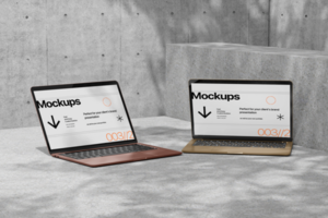 Multiple laptop and keyboard mockup with realistic shadow and minimal background psd
