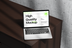 3d device laptop and keyboard mockup on the table with reflection shadow psd