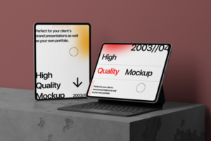 high quality minimalist tablet mockup with realistic scene and wall background psd