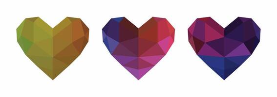 Set of artistic 3D heart shaped. Colorful mosaic hearts symbol. Low poly hearts design element. vector