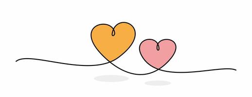 Two linked heart, continuous one line drawing. Two heart hand drawn, black and white minimalist illustration of love concept. vector