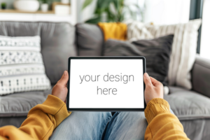 Tablet mockup. Person sits on sofa in room and holds tablet in front of him. psd