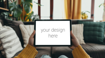 Tablet mockup. Person sits on sofa in room and holds tablet in front of him. psd