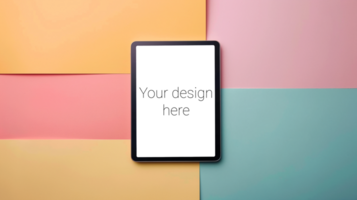 Tablet mockup lies on surface with colorful paper psd