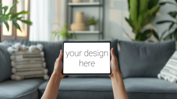 Tablet mockup. Person sits on sofa in room and holds tablet in front of him. psd