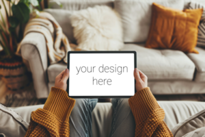 Tablet mockup. Person sits on sofa in room and holds tablet in front of him. psd