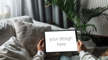 Tablet mockup. Person sits on sofa in room and holds tablet in front of him. psd