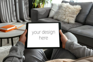 Tablet mockup. Person sits on sofa in room and holds tablet in front of him. psd