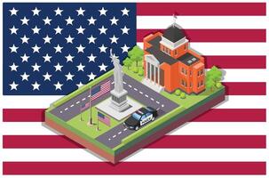 Isometric Illustration of a white building with the Statue of Liberty in the Center of the Square and a police car, Isolated on American flag vector