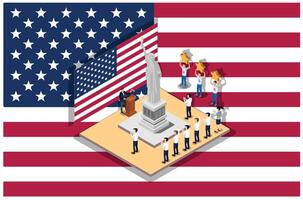 Isometric Illustration of independence day ceremony in front of the statue of liberty in the middle of the field, isolated American flag vector