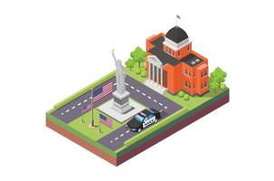 Isometric Illustration of a white building with the Statue of Liberty in the Center of the Square and a police car, Isolated on White Background vector