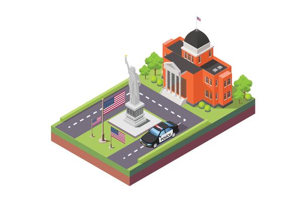 Isometric Illustration of a white building with the Statue of Liberty in the Center of the Square and a police car, Isolated on White Background