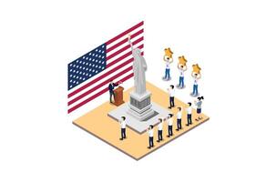 Isometric Illustration of independence day ceremony in front of the statue of liberty in the middle of the field, isolated White background, Suitable for Diagrams, Infographics and Other Graphic asset vector