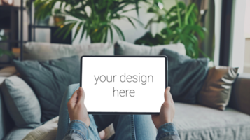 Tablet mockup. Person sits on sofa in room and holds tablet in front of him. psd