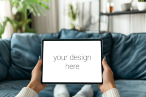 Tablet mockup. Person sits on sofa in room and holds tablet in front of him. psd