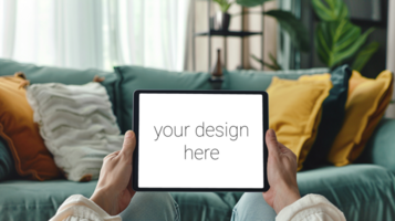 Tablet mockup. Person sits on sofa in room and holds tablet in front of him. psd
