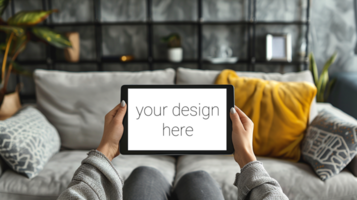 Tablet mockup. Person sits on sofa in room and holds tablet in front of him. psd