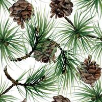 Pine, fir tree, spruce branches with needles, cones. Watercolor hand drawn illustration, seamless pattern isolated on white. Xmas, happy new year festive, noel navidad holiday. Print paper, textile vector