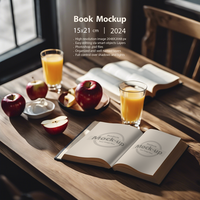 Opened book on a table with fruits and juices psd