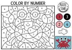 under the sea color by number activity with red crab. Ocean life scene. Black and white counting game with water animal. Coloring page for kids with underwater landscape vector