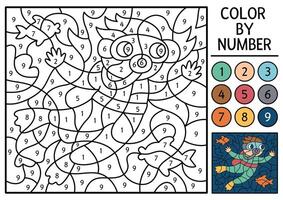 under the sea color by number activity with scuba diver and fish. Ocean life scene. Black and white counting game with swimming boy. Coloring page for kids with underwater landscape vector
