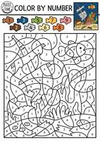 under the sea color by number activity with wrecked ship and fish. Ocean life scene. Black and white counting game with ruined boat. Coloring page for kids with underwater landscape vector