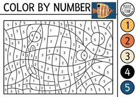 Under the sea color by number activity with butterflyfish and seaweeds. Ocean life scene. Black and white counting game with water animal. Coloring page for kids with underwater landscape vector