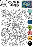 under the sea color by number activity with seahorse and corals. Ocean life scene. Black and white counting game with water animal. Coloring page for kids with underwater landscape vector