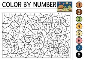 under the sea color by number activity with turtle and baby. Ocean life scene. Black and white counting game with water animal. Coloring page for kids with underwater landscape vector