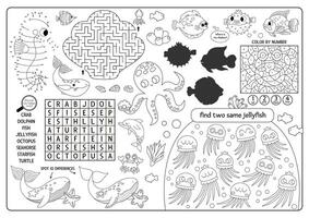 under the sea placemat. Ocean life line printable activity mat with maze, word search puzzle, shadow match, find difference. Underwater black and white play mat, menu, coloring page vector