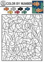 under the sea color by number activity with clownfish and seaweeds. Ocean life scene. Black and white counting game with water animal. Coloring page for kids with underwater landscape vector