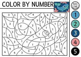under the sea color by number activity with whale and seaweeds. Ocean life scene. Black and white counting game with water animal. Coloring page for kids with underwater landscape vector