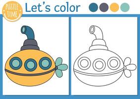 Under the sea coloring page for children with submarine. ocean life outline illustration with underwater boat. Color book for kids with colored example. Drawing skills printable worksheet vector
