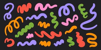 Abstract set colorful wavy retro groovy shapes on a black background vector