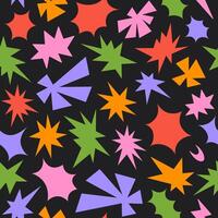 Abstract seamless pattern with colorful retro funky shapes on a black background. Trendy geometric cosmic starburst forms. vector