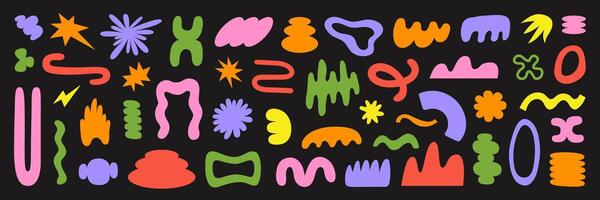 Abstract organic shapes with bright geometric cutting doodles. Trendy random naive shapes vector