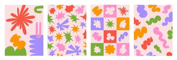 Abstract retro set colorful backgrounds with naive playful shapes on a beige background vector