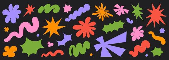 Abstract set colorful retro groovy shapes on a black background. Trendy geometric cosmic starburst forms vector