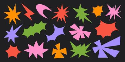 Abstract set colorful retro funky shapes on a black background. Trendy geometric cosmic starburst forms. vector