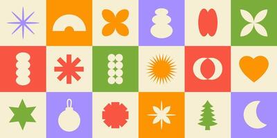 Trendy set of abstract geometric shapes. Bright brutal christmas icons. Various geometric figures vector