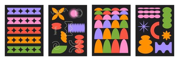Abstract retro set colorful backgrounds with brutal geometric shapes on a black background vector