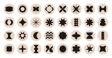 Big set of round geometric retro stickers. Trendy y2k brutal contemporary icons. Various geometric figures. vector